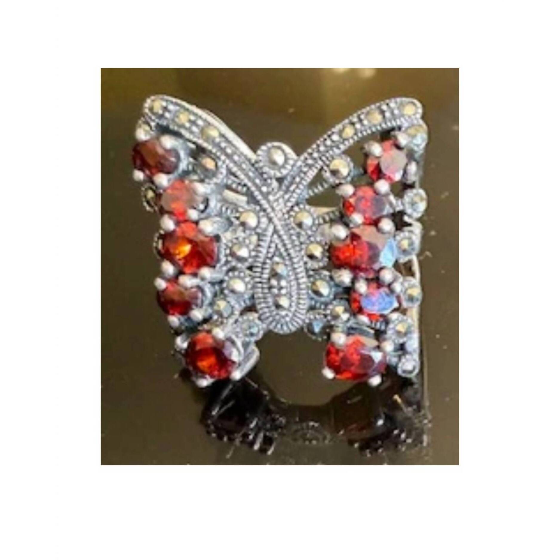 New P & K Jewelry Women's Sterling Marcasite Butterfly Ring In Red/ Silver
